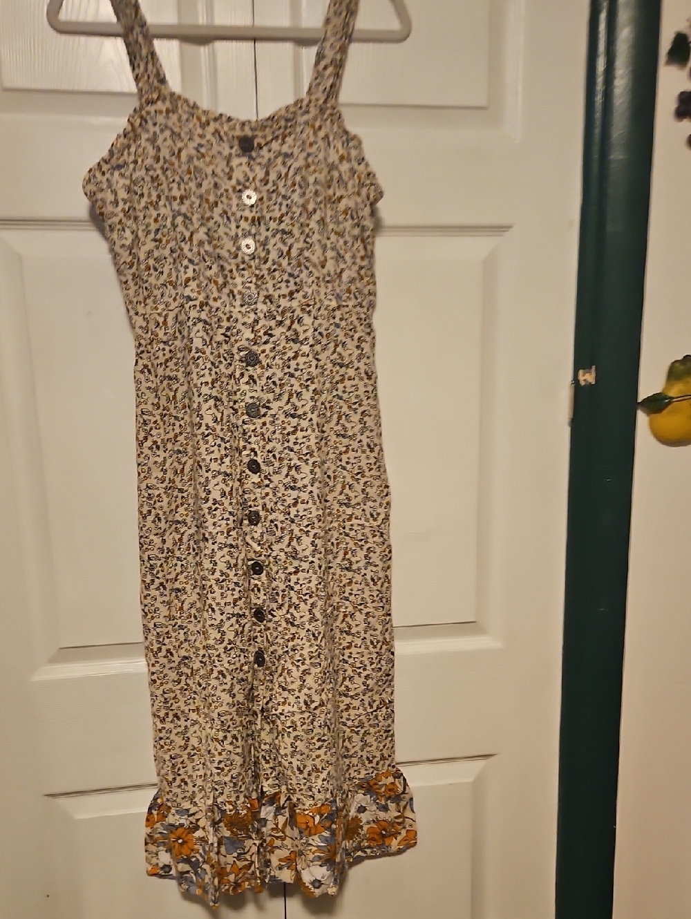 Cream Floral Midi Dress with Button Front and Ruffle Hem
